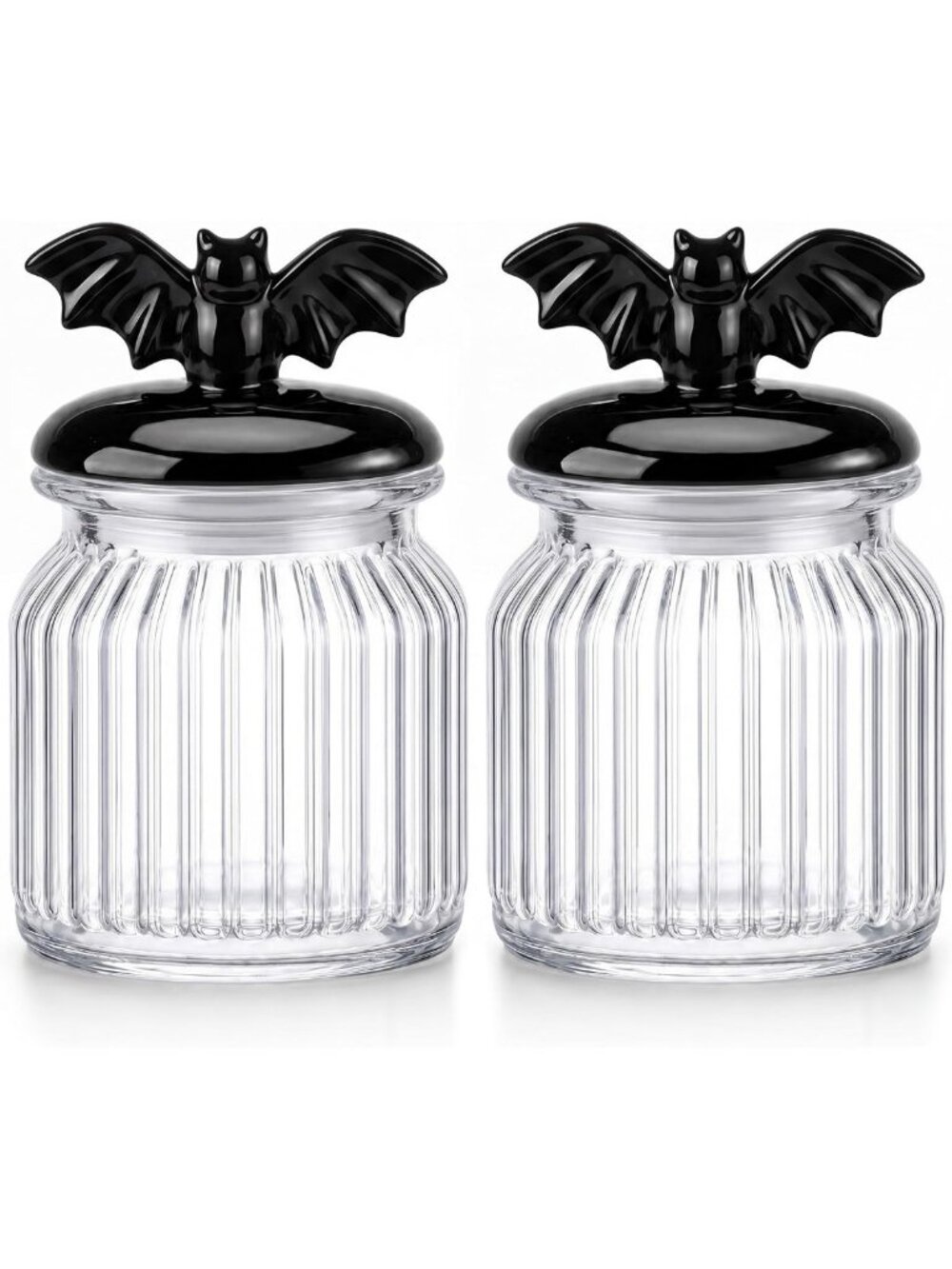 Set of 2 Halloween Bat Candy Jars - 22 oz Ribbed Glass Canisters for Treats